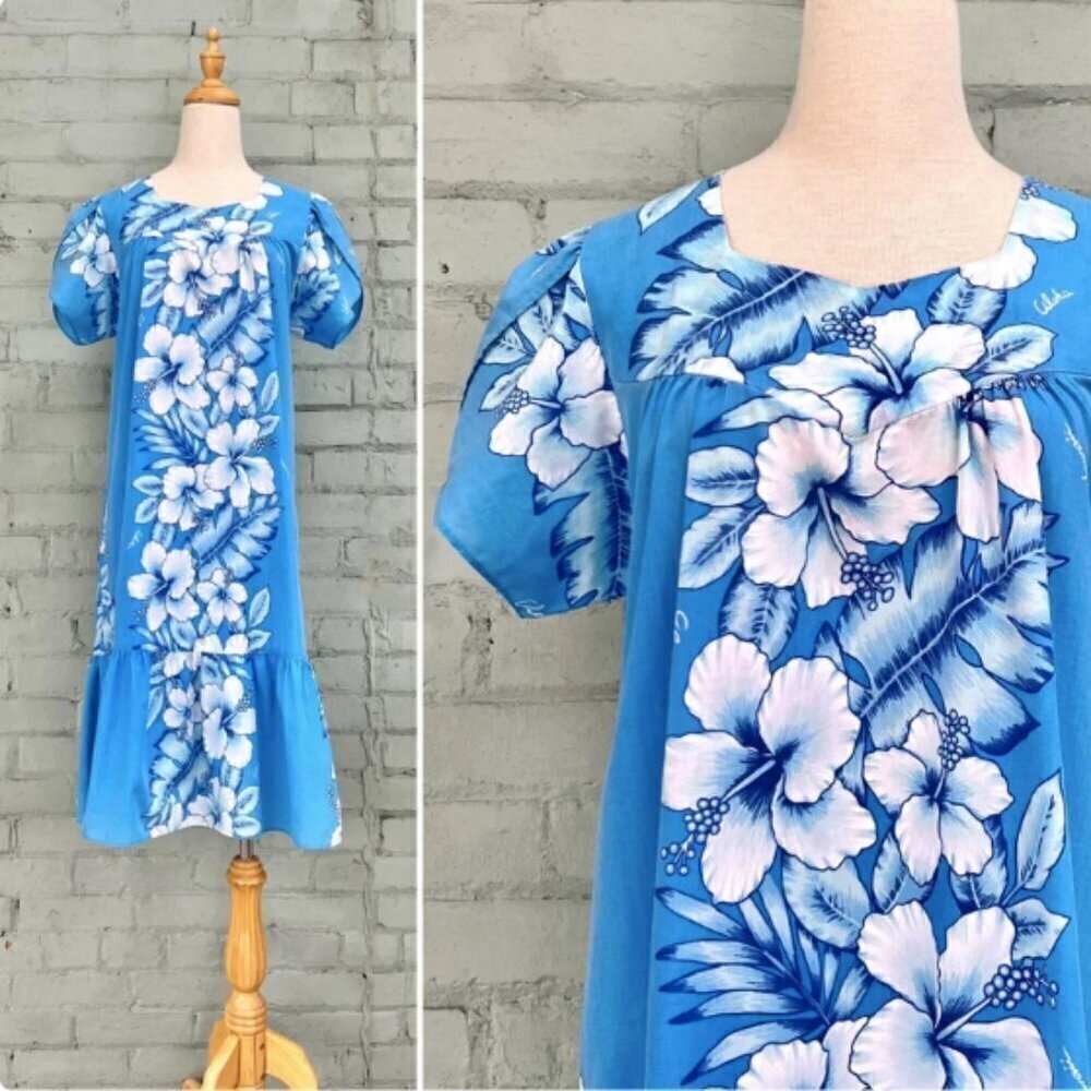 Kalena Fashions of Hawaii Blue Hibiscus Floral Muumuu Dress Ruffle Hem Large
